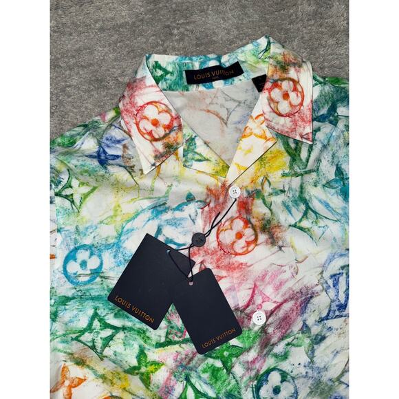 Louis Vuitton Pastel Multicolor Monogram Logo Short Sleeve Button Down Shirt L - Picture 3 of 13